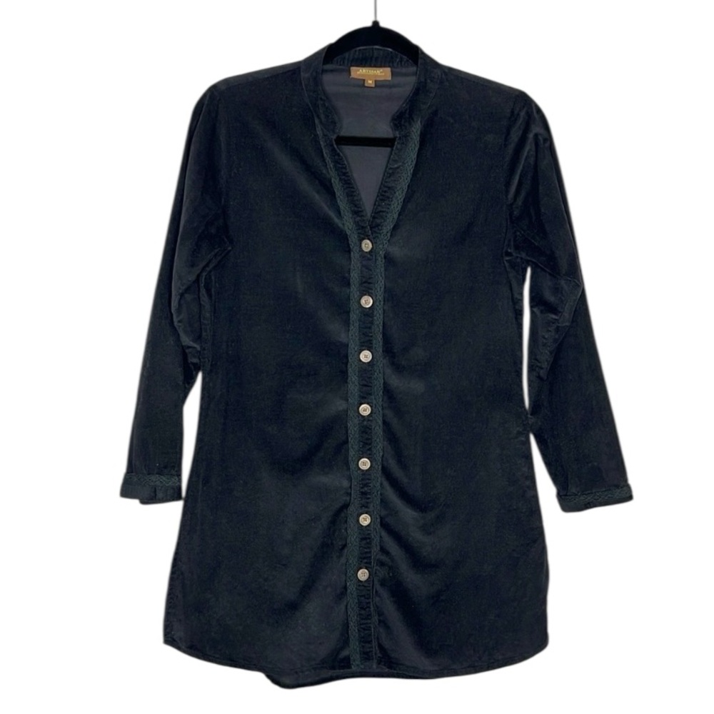 Artisan Black Corduroy soft goth Button up Split Neck Tunic size Medium